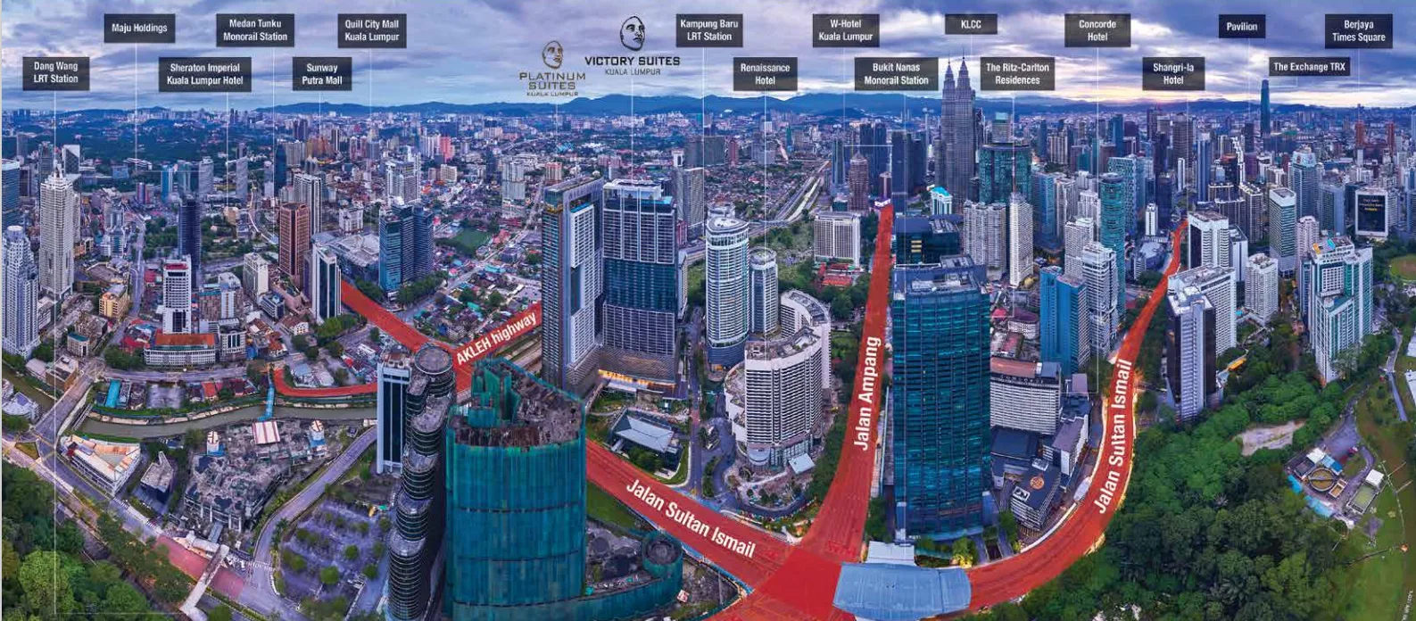 PV Face Suites Aerial view of Kuala Lumpur city center highlighting the project's location (Platinum Suites / Victory Suites) and its proximity to major landmarks, roads, and public transportation. in Jalan Sultan Ismail, Freehold property development, location-map