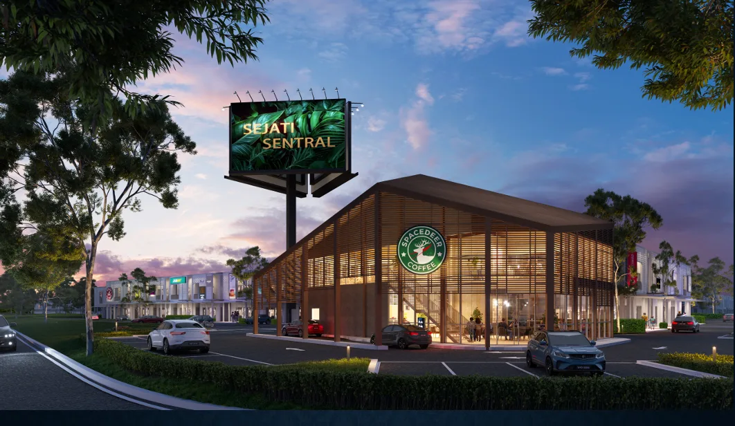 Sejati Sentral @ Sandakan Evening view of the commercial hub featuring a coffee shop, retail units, and a large billboard for Sejati Sentral. in Sandakan, Leasehold property development, render