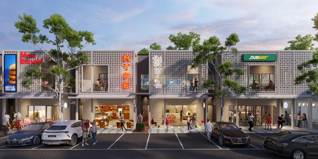 Sejati Sentral @ Sandakan modern commercial shop lots exterior with retail outlets and street parking in Sandakan, Leasehold property development, render