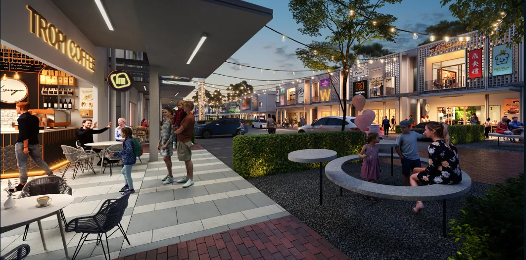 Sejati Sentral @ Sandakan lively commercial street with shops and outdoor seating at dusk in Sandakan, Leasehold property development, render