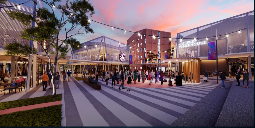 Sejati Sentral @ Sandakan lively outdoor commercial plaza with cafes and people at dusk in Sandakan, Leasehold property development, render