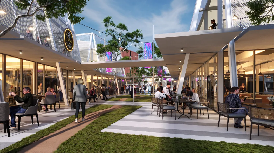 Sejati Sentral @ Sandakan outdoor retail promenade with cafes and people in Sandakan, Leasehold property development, render