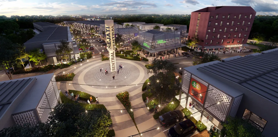 Sejati Sentral @ Sandakan aerial view of Sejati Sentral mixed-use development with central plaza, commercial buildings, and monument at dusk in Sandakan, Leasehold property development, render