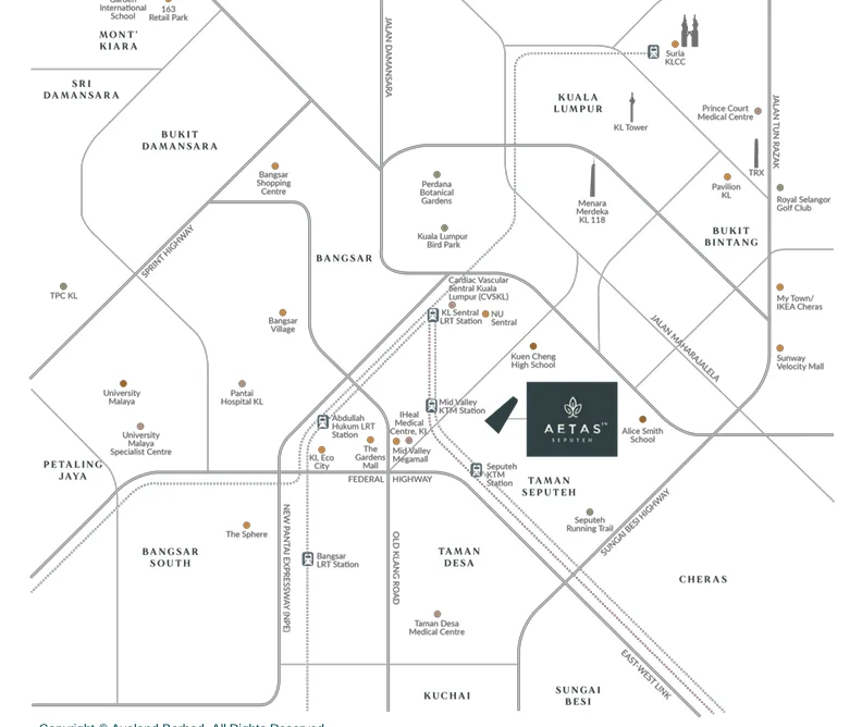 Aetas Seputeh - Seputeh This is a location map showing the surrounding areas of Aetas Seputeh in Kuala Lumpur, including Bukit Bintang, Bangsar, and Petaling Jaya. in Kuala Lumpur, Freehold property development, location-map
