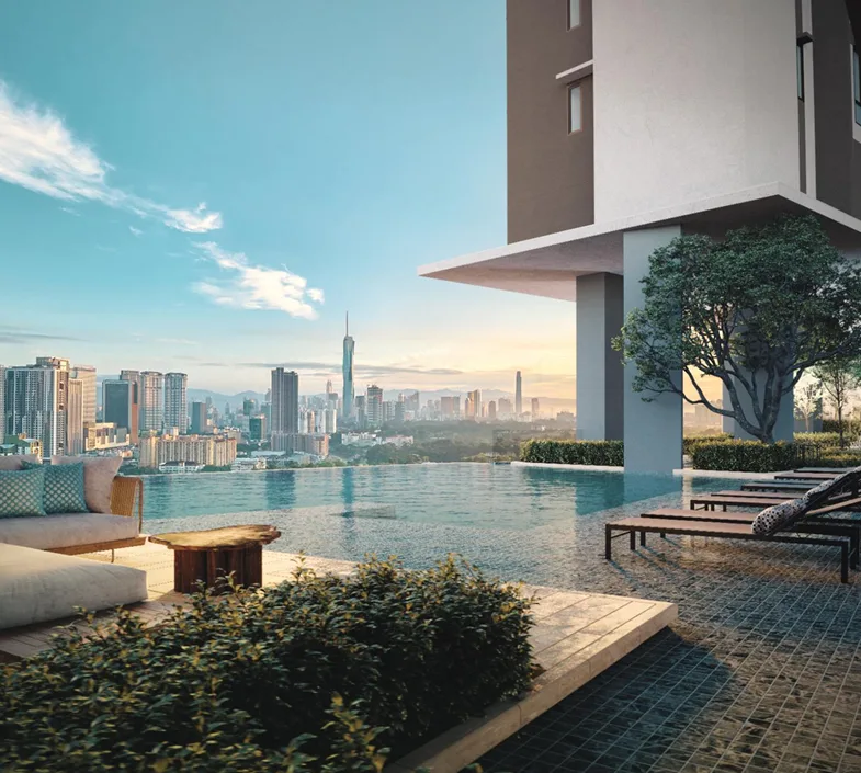Aetas Seputeh - Seputeh Infinity pool with city skyline view, lounge chairs, and partial building exterior. in Kuala Lumpur, Freehold property development, render