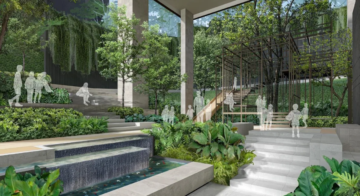 Aetas Seputeh - Seputeh Image shows a landscaped area with water features and a playground structure, with transparent figures of people to give a sense of scale and activity. in Kuala Lumpur, Freehold property development, render