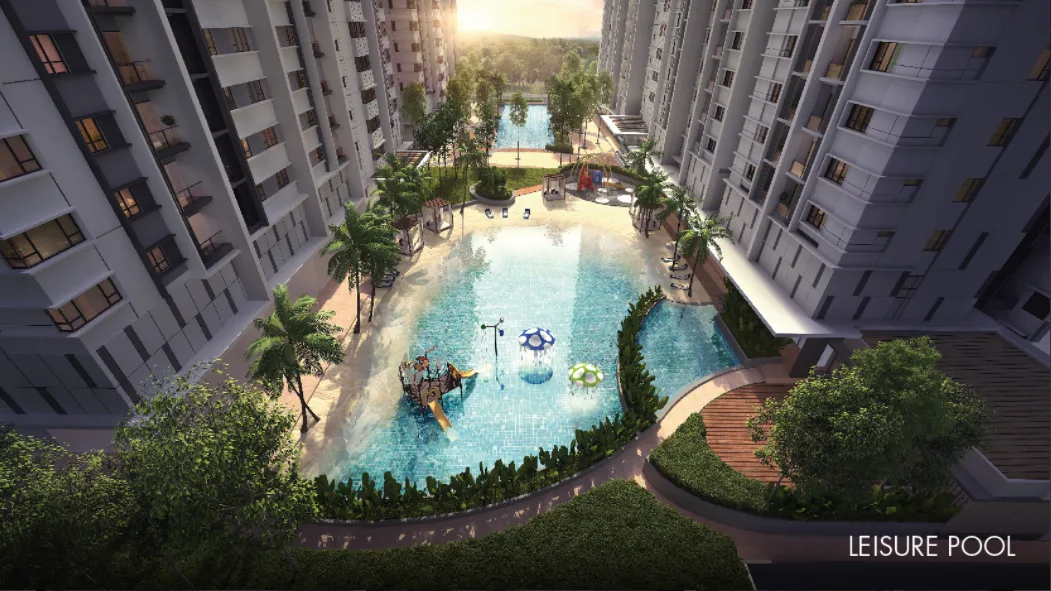 Akasa Cheras South This image shows a leisure pool area with a sandy beach-like entrance, water features, and surrounding greenery, nestled between two apartment buildings. in Cheras, Freehold property development, render