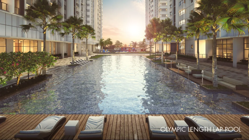 Akasa Cheras South Image shows the Olympic length lap pool with lounge chairs and palm trees. in Cheras, Freehold property development, render