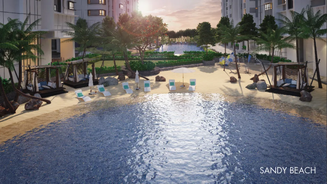 Akasa Cheras South The image shows a sandy beach area with lounge chairs and a beach ball, adjacent to a pool and the building exterior at Akasa Cheras South. in Cheras, Freehold property development, render