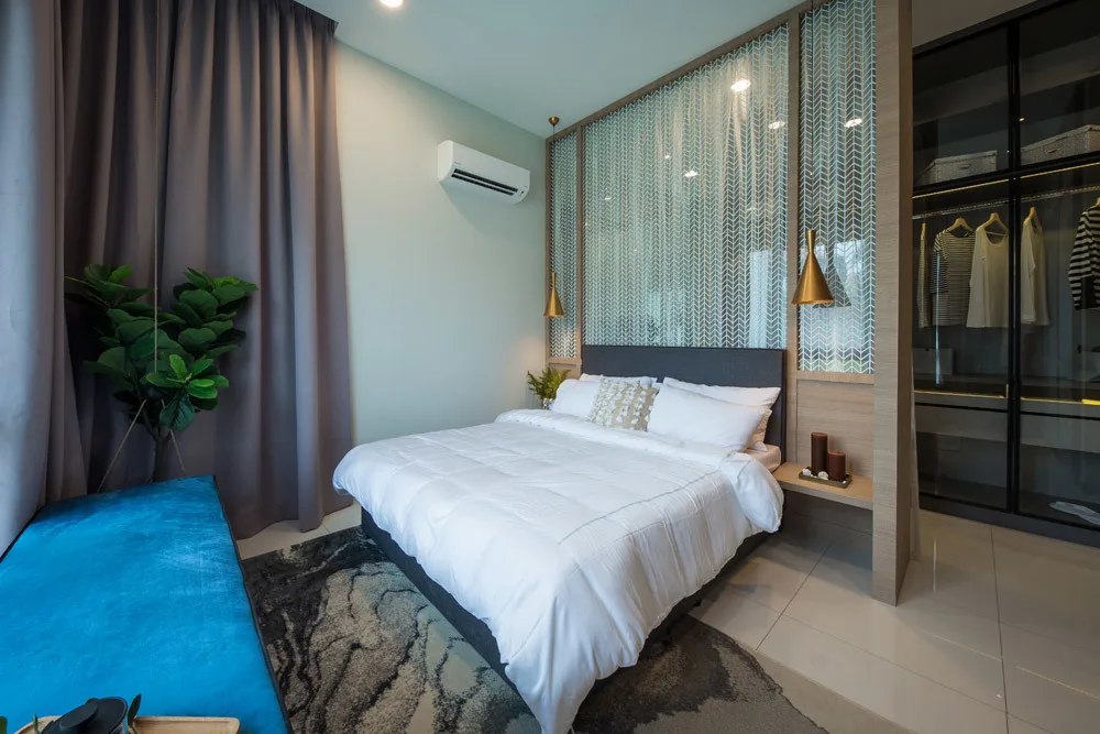 Alstonia Hilltop Homes @ Bukit Rahman Putra This image shows a bedroom interior with a bed, bedside table, wardrobe, and window with blinds. in Shah Alam, Freehold property development, photo