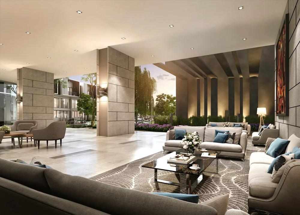 Alstonia Hilltop Homes @ Bukit Rahman Putra Image shows the lobby area with sofas and a view of the exterior landscape. in Shah Alam, Freehold property development, render