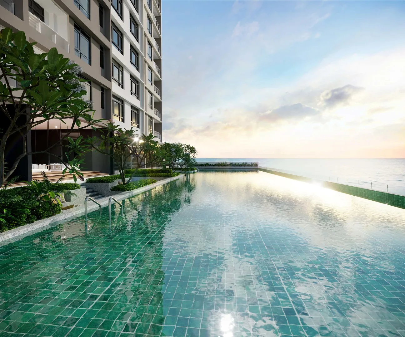 Alton Skyvillas The image shows an infinity pool with a view of the ocean and part of the building exterior. in Jelutong, Freehold property development, render