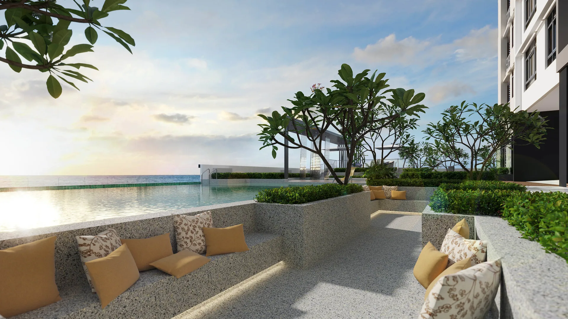 Alton Skyvillas Image shows a render of the outdoor seating area with a view of the infinity pool and the sea. in Jelutong, Freehold property development, render