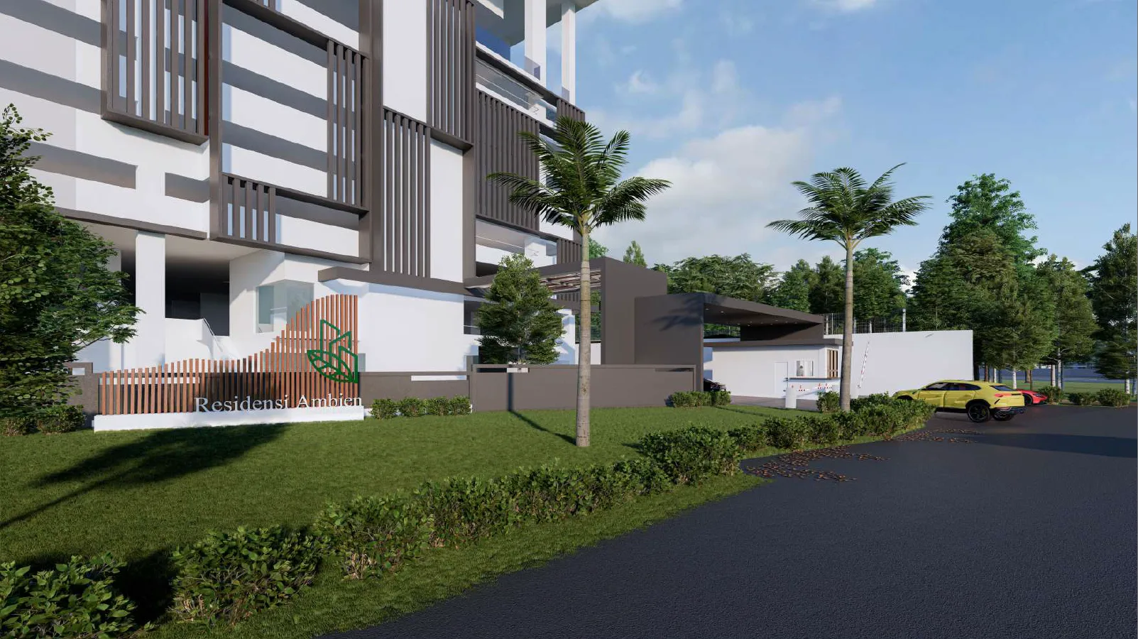 Ambience Residence Building exterior showing the entrance and surrounding landscape. in Sungai Besi, Freehold property development, render