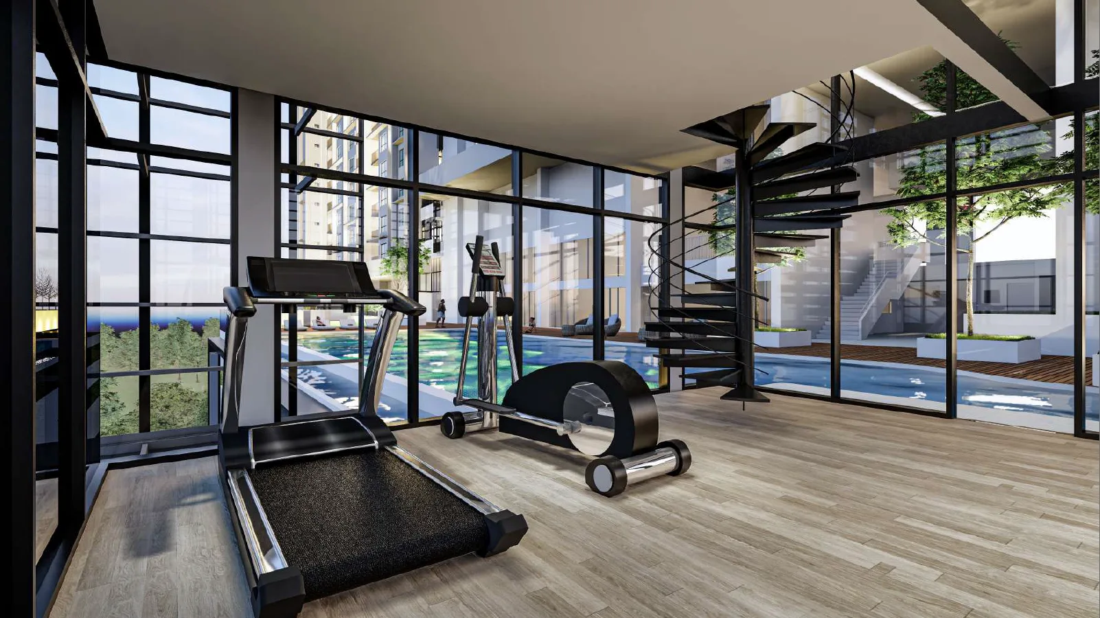 Ambience Residence The image shows the gym facility with weights, treadmills, and other exercise equipment. The gym has large windows with a view of the city. in Sungai Besi, Freehold property development, render
