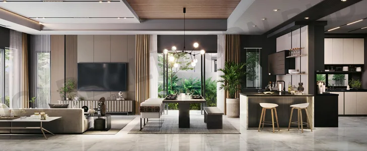 Andara Residence Interior render of a living room, dining area, and kitchen in a modern style. in Petaling Jaya, Freehold property development, render
