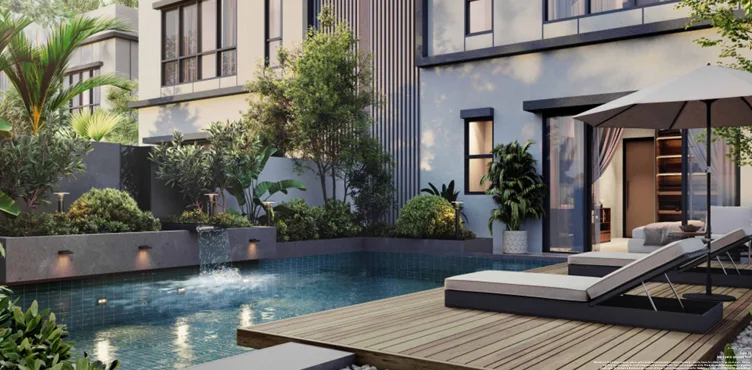 Andara Residence Swimming pool with lounge chairs and building exterior in Petaling Jaya, Freehold property development, render