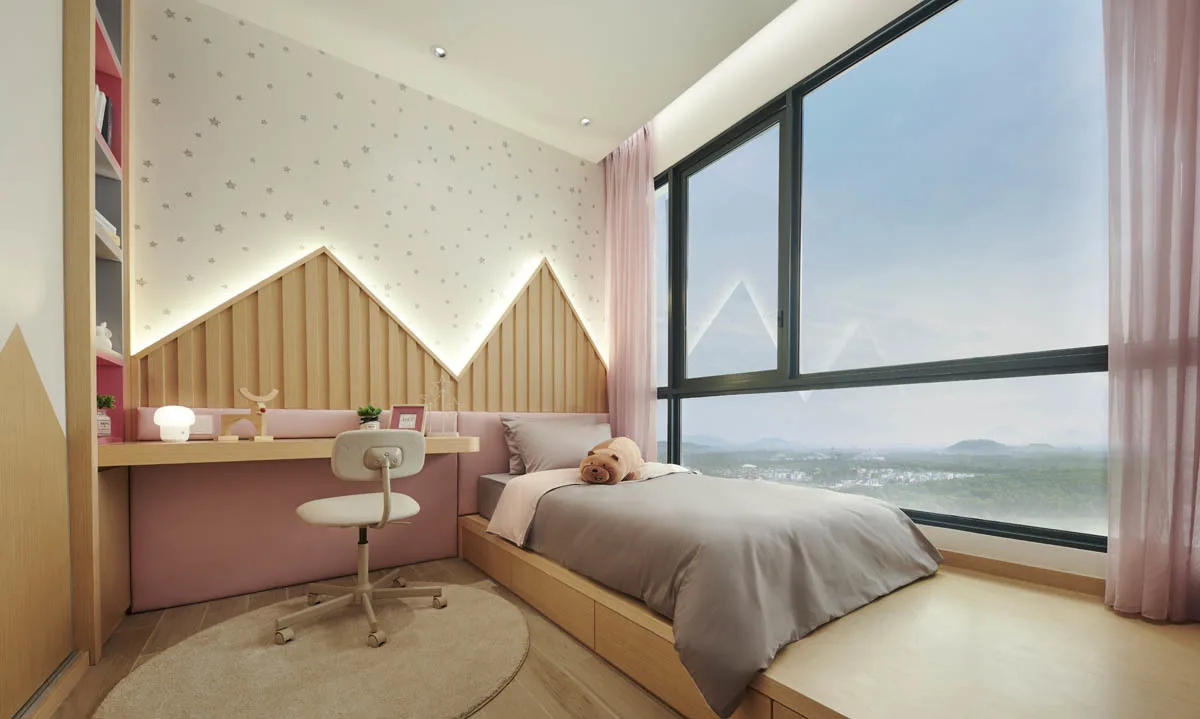 Anggun Residences, Design Village A bedroom with a single bed, desk, and large window with a view. in Simpang Ampat, Leasehold property development, render