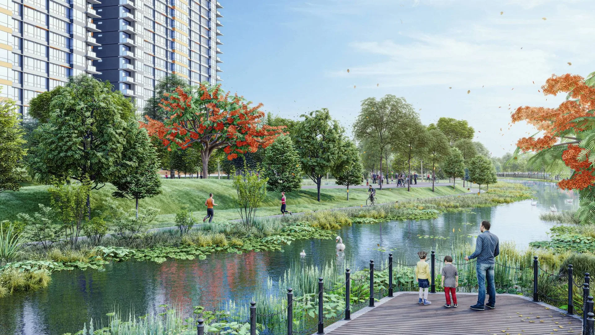 Anggun Residences, Design Village Shows the exterior of the Anggun Residences building with a lake and park area in front, with people enjoying the scenery. in Simpang Ampat, Leasehold property development, render