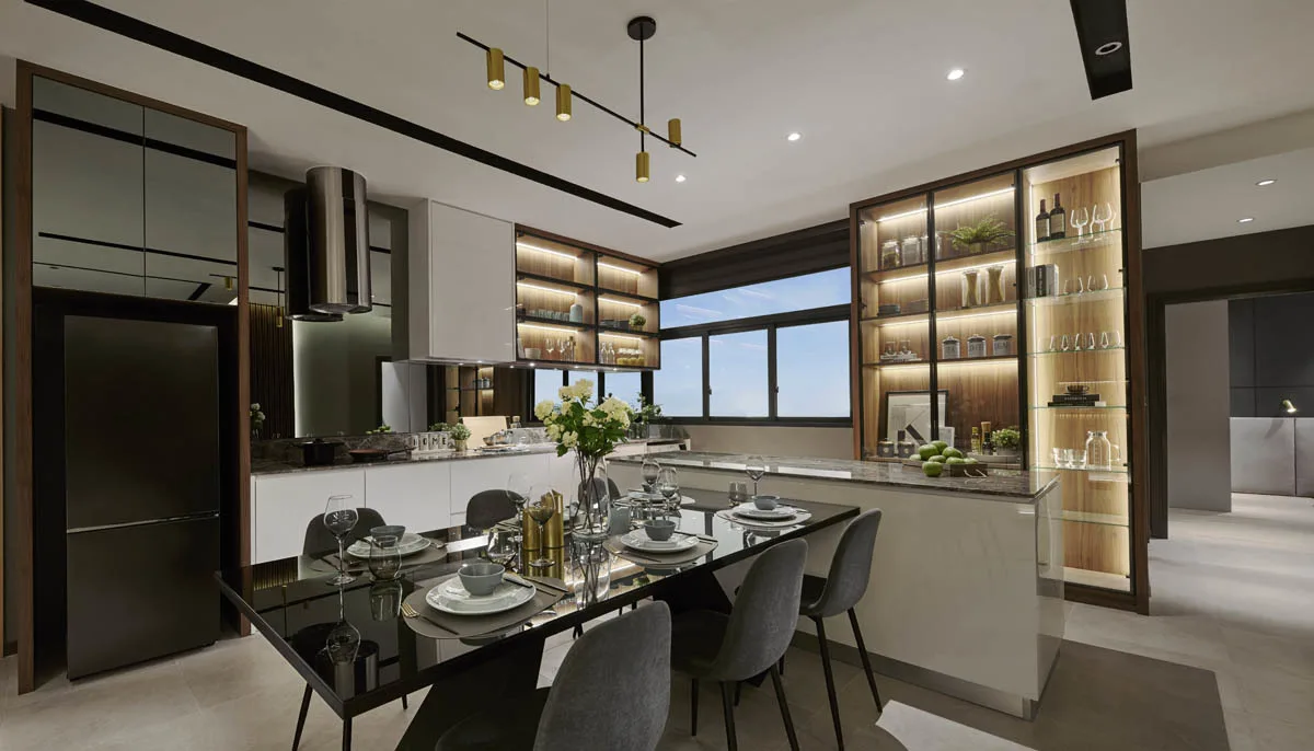 Anggun Residences, Design Village Image shows the interior of a kitchen and dining area with a dining table set for a meal, modern appliances, and display cabinets. in Simpang Ampat, Leasehold property development, render
