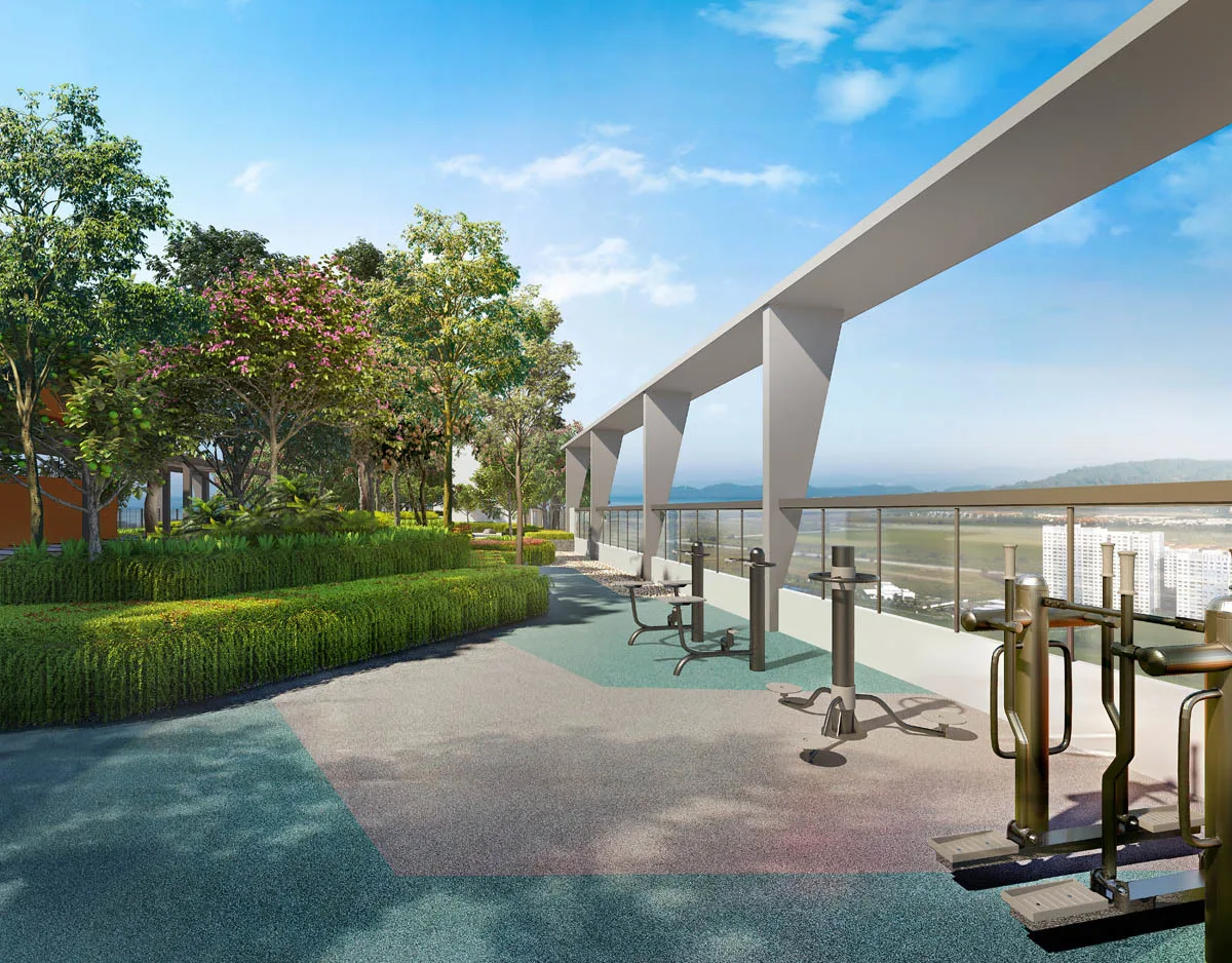 Anggun Residences, Design Village Outdoor gym facility with exercise equipment and landscaping in Simpang Ampat, Leasehold property development, render