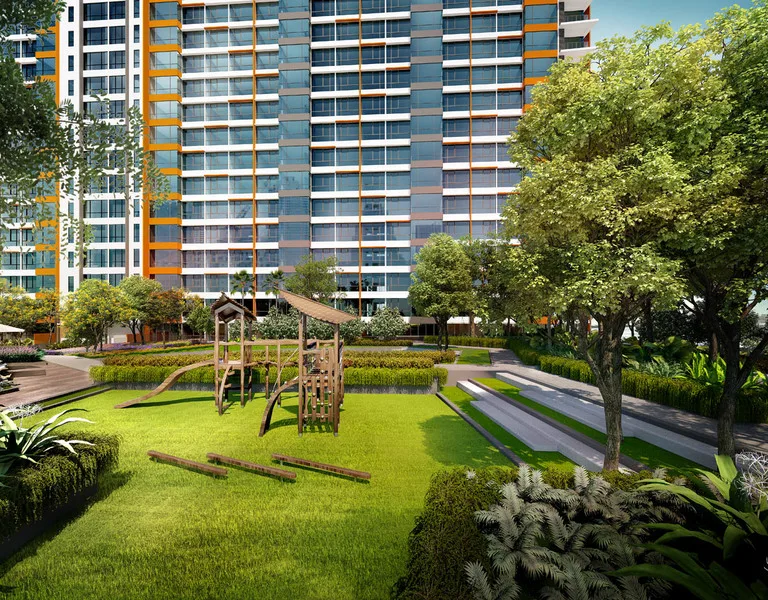 Anggun Residences, Design Village Image shows the playground area of Anggun Residences with the building in the background. in Simpang Ampat, Leasehold property development, render