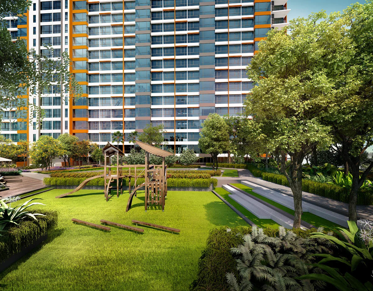Anggun Residences, Design Village Image shows the playground facility at Anggun Residences with the building in the background. in Simpang Ampat, Leasehold property development, render