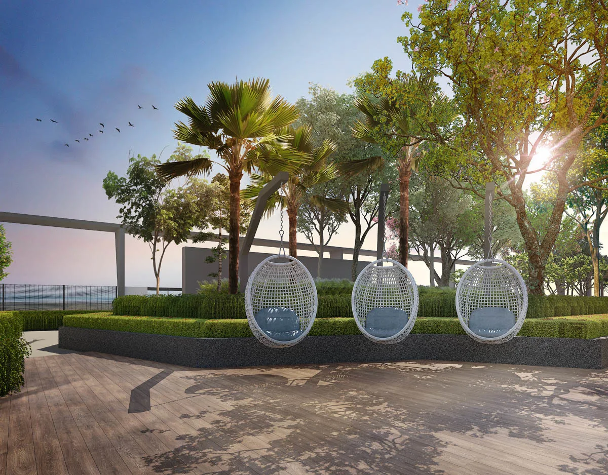 Anggun Residences, Design Village Image shows a rooftop garden with hanging chairs and landscaping. in Simpang Ampat, Leasehold property development, render
