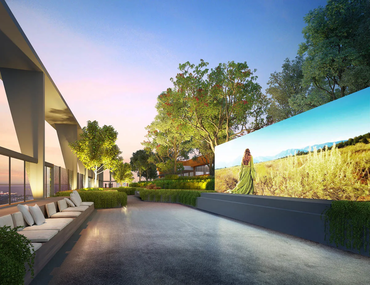 Anggun Residences, Design Village Image shows a rooftop garden with seating area and a large screen displaying a landscape scene. in Simpang Ampat, Leasehold property development, render