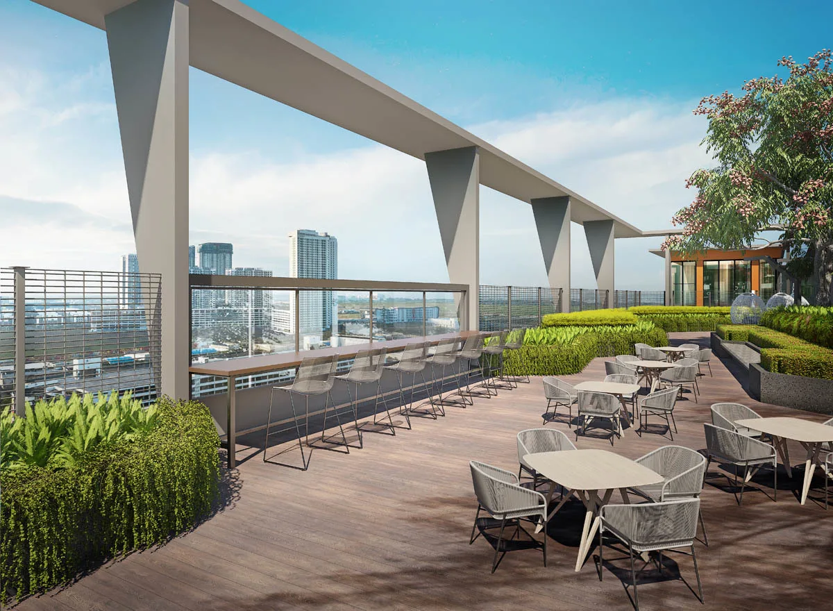 Anggun Residences, Design Village Rooftop lounge area with tables, chairs, greenery, and city views. in Simpang Ampat, Leasehold property development, render