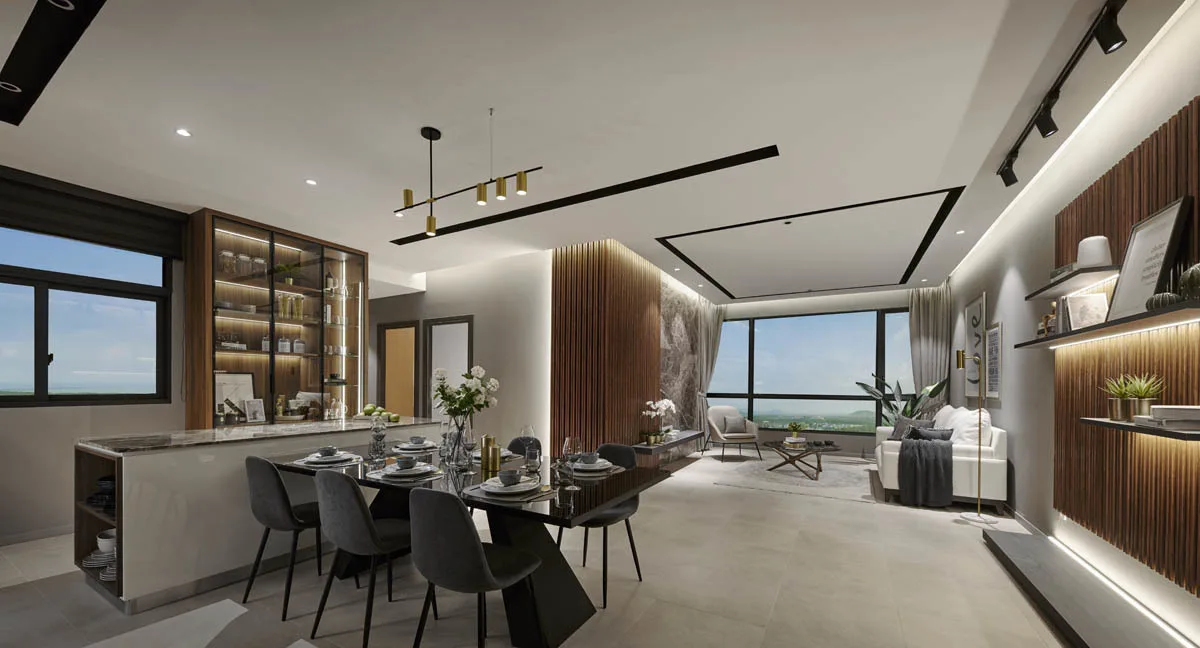 Anggun Residences, Design Village This image shows the interior of a unit, featuring a dining area, living room, and kitchen counter. in Simpang Ampat, Leasehold property development, render