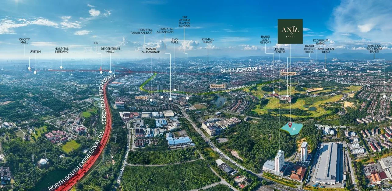 Anja Residence Aerial view of the property location in Bandar Baru Bangi, showing nearby highways and landmarks. in Bandar Baru Bangi, Leasehold property development, location-map