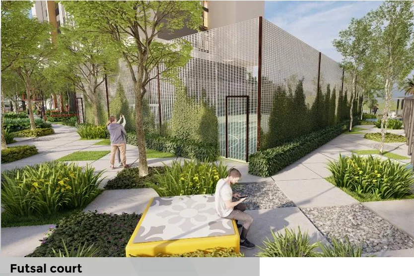 Anja Residence This image shows a futsal court with landscaping and seating areas. in Bandar Baru Bangi, Leasehold property development, render