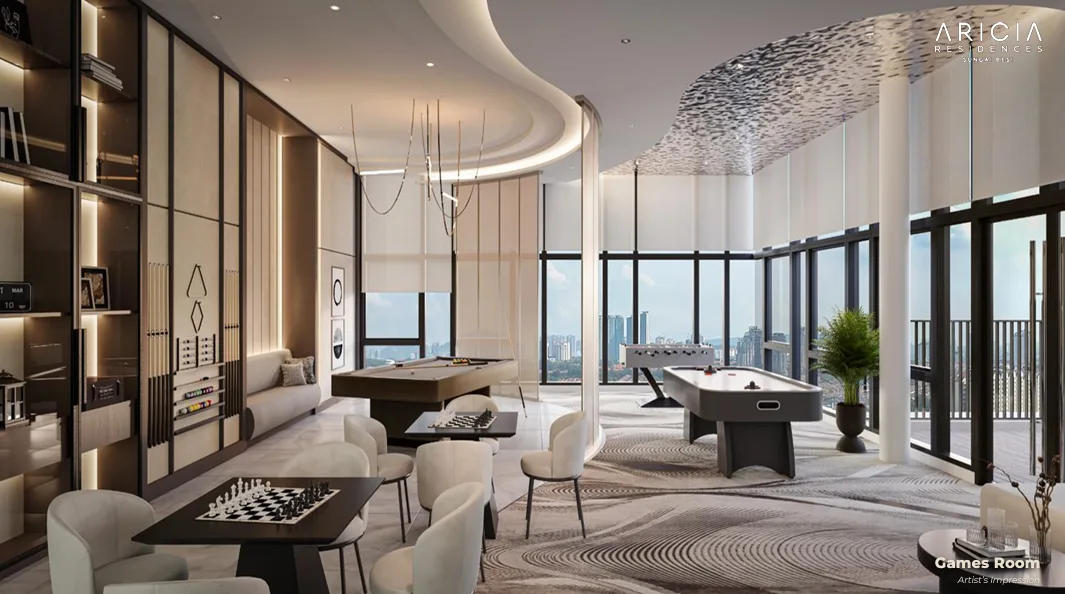 Aricia Residences Games room with pool table, foosball table, and chess table in Sungai Besi, Freehold property development, render