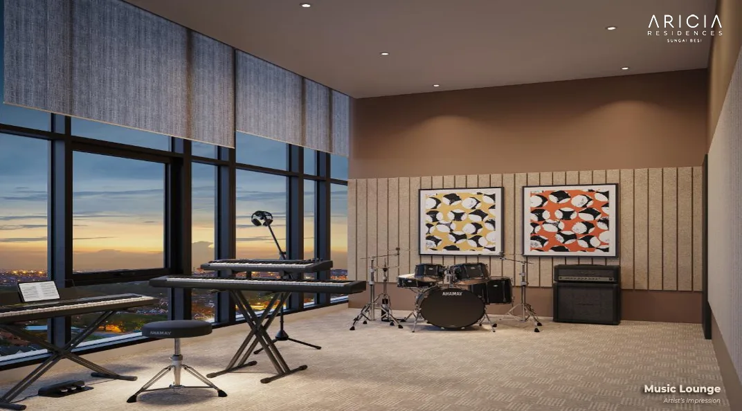 Aricia Residences This image shows the music lounge, featuring keyboards, a drum set, and soundproofing panels. in Sungai Besi, Freehold property development, render