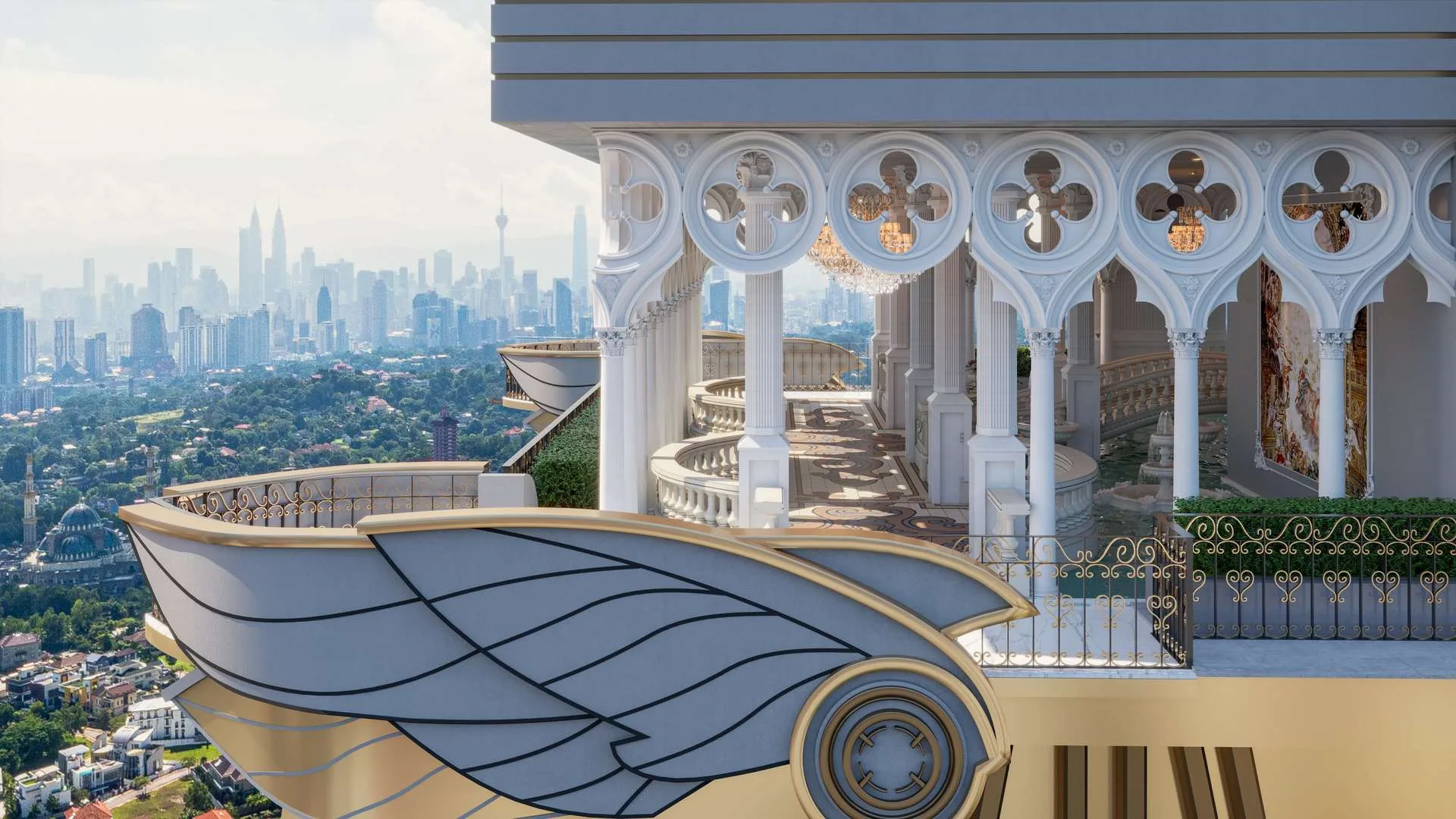 Arte Solaris Exterior render of the building showing the balcony and the city skyline in the background. in Mont Kiara, Leasehold property development, render