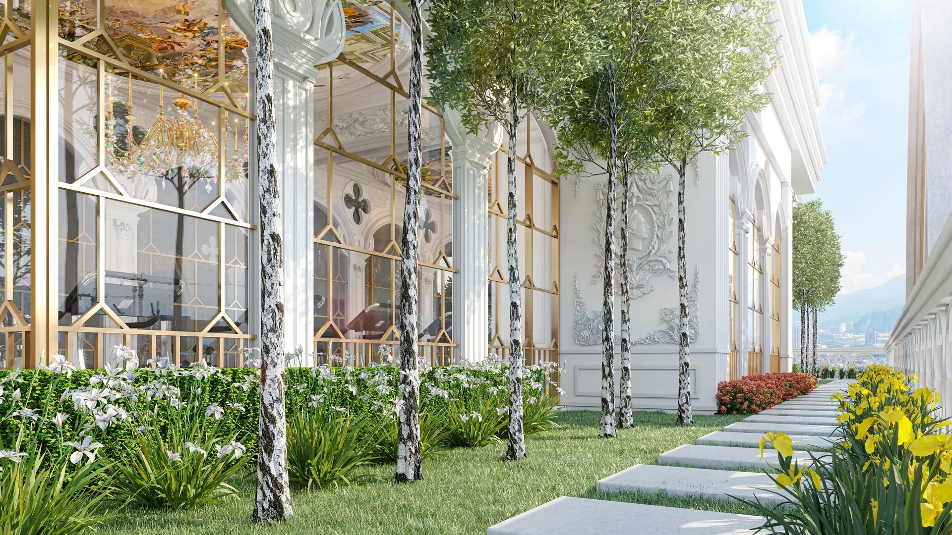 Arte Solaris Exterior render showing the building facade with large windows, trees, and landscaping. in Mont Kiara, Leasehold property development, render