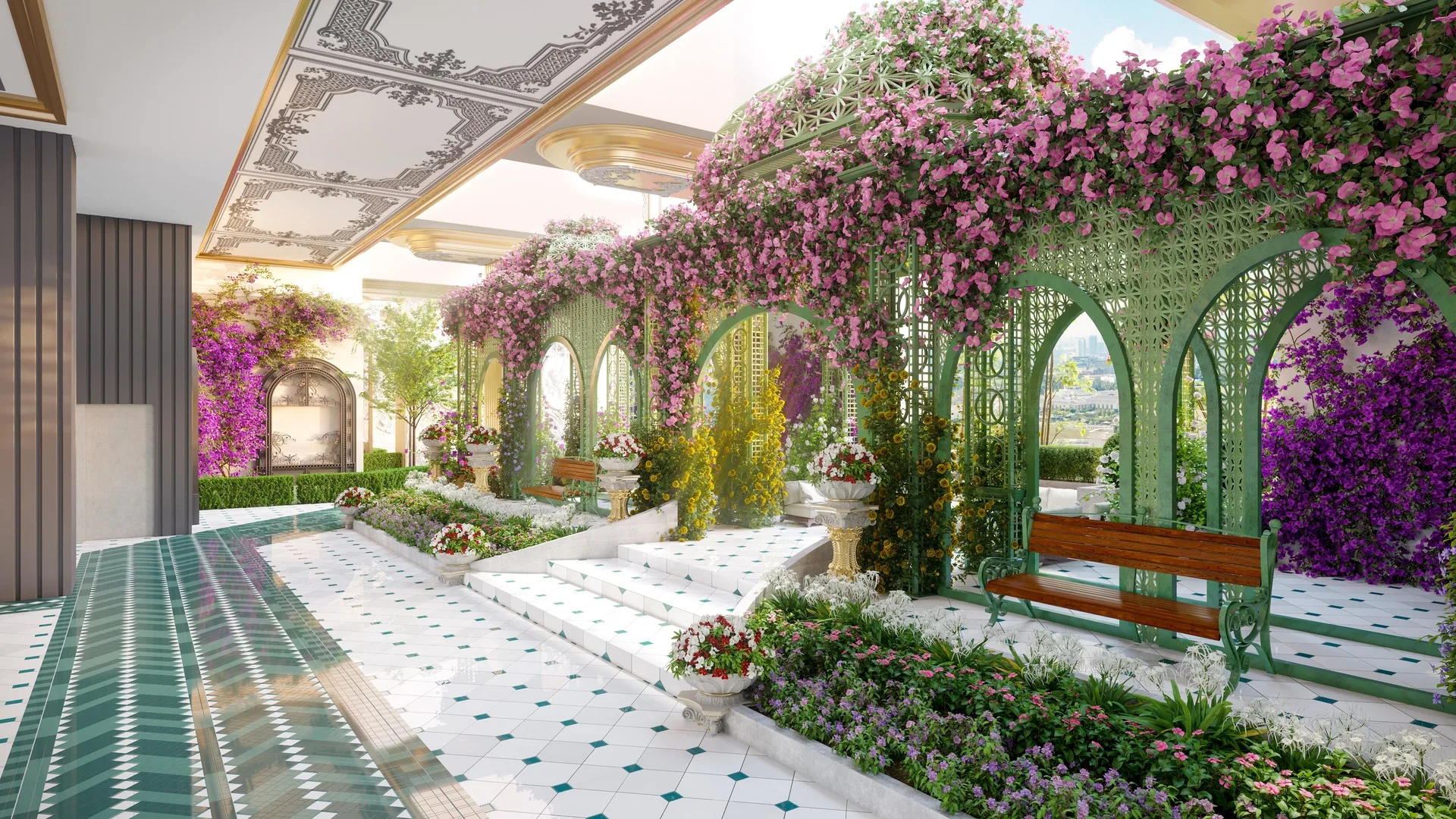 Arte Solaris The image shows a garden area with arches covered in pink flowers, benches, and decorative planters. in Mont Kiara, Leasehold property development, render