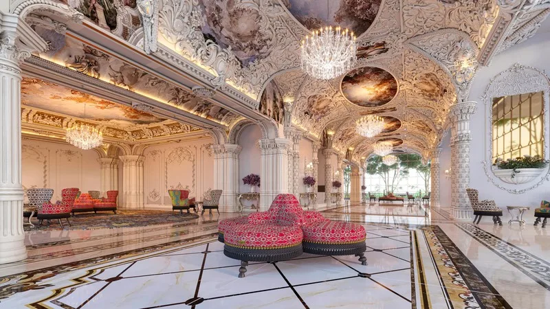 Arte Solaris A luxurious lobby with ornate ceiling, chandeliers, and seating areas. in Mont Kiara, Leasehold property development, render