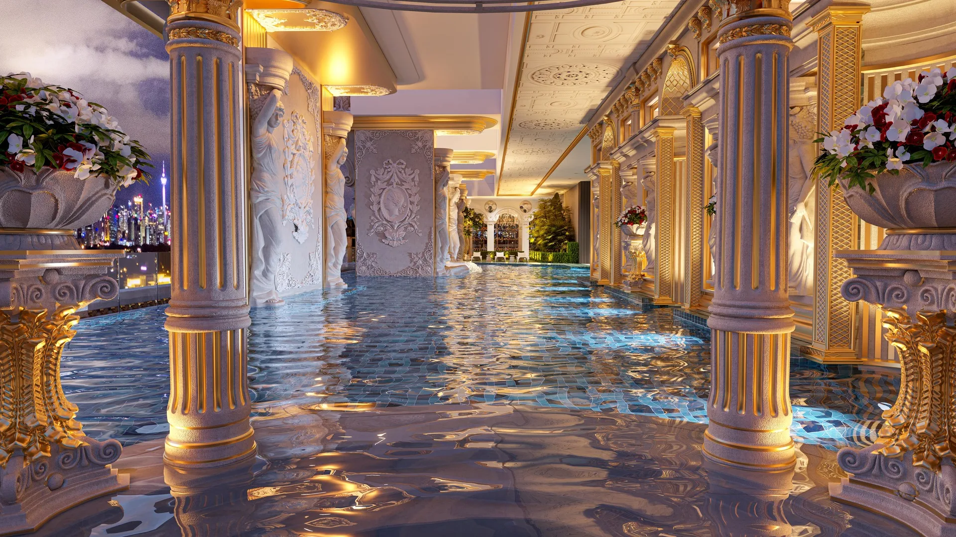 Arte Solaris This image shows a luxurious swimming pool with ornate columns and decorations, and a view of the city skyline in the background. in Mont Kiara, Leasehold property development, render