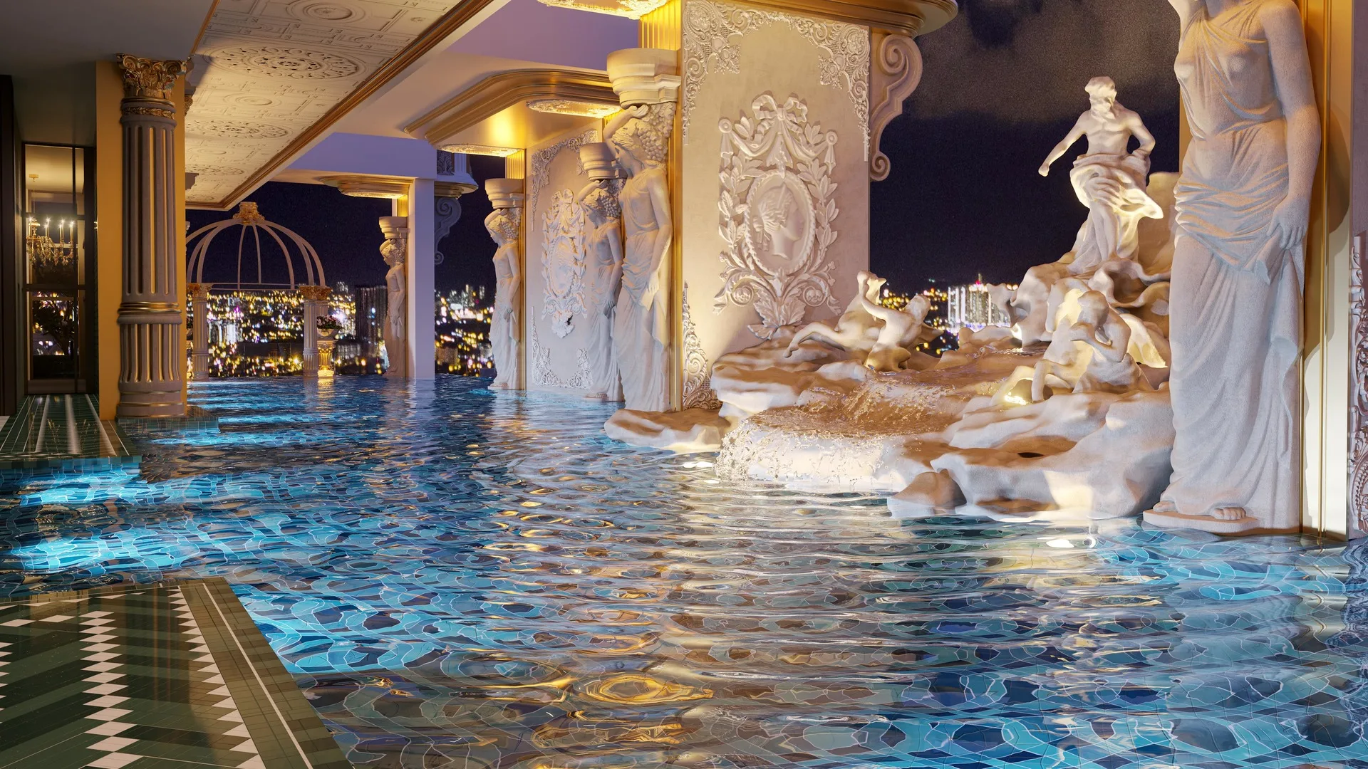 Arte Solaris The image shows a swimming pool with classical-style statues and columns, overlooking a city skyline at night. in Mont Kiara, Leasehold property development, render
