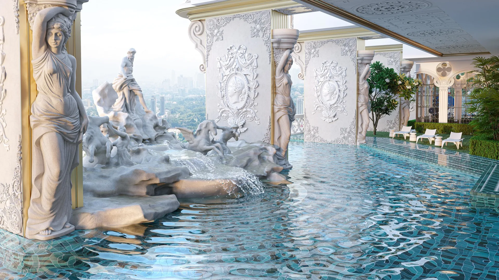 Arte Solaris Swimming pool with classical statues and city view in Mont Kiara, Leasehold property development, render
