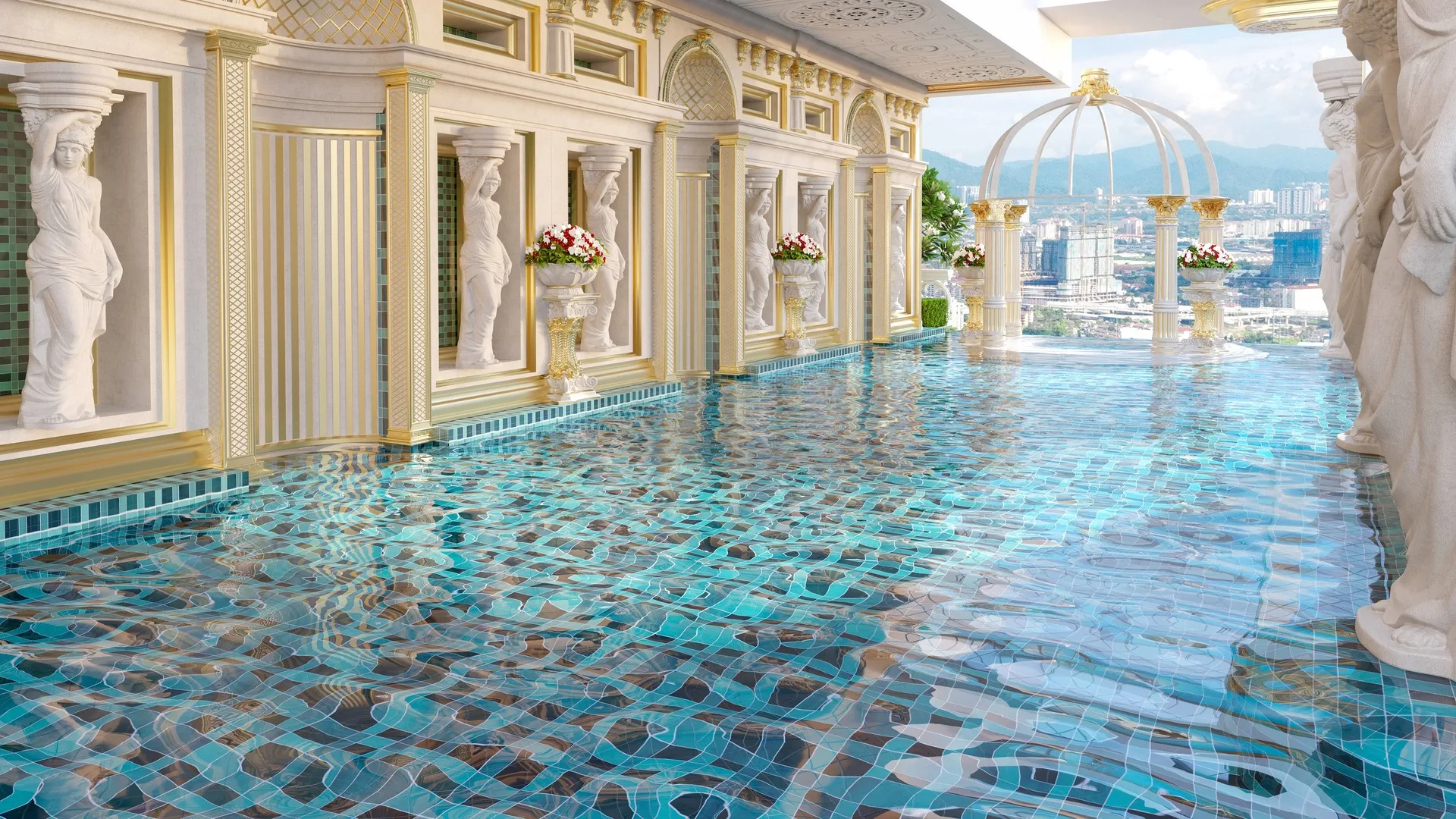 Arte Solaris This image shows a swimming pool with classical architectural details and a city view. in Mont Kiara, Leasehold property development, render