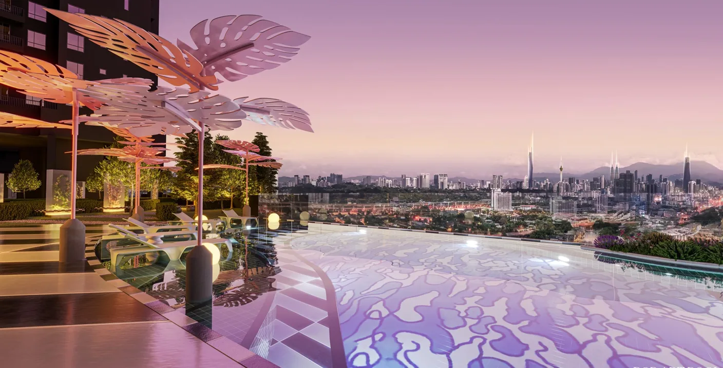 Arte Star This image shows the infinity pool with a view of the Kuala Lumpur skyline at Arte Star. in Kuala Lumpur, Leasehold property development, render