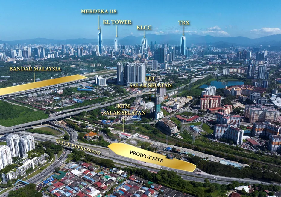 Arte Star Aerial view of the project site in Kuala Lumpur, showing nearby landmarks like Merdeka 118, KL Tower, KLCC, TRX, Bandar Malaysia, LRT Salak Selatan, KTM Salak Selatan and Salak Expressway. in Kuala Lumpur, Leasehold property development, location-map