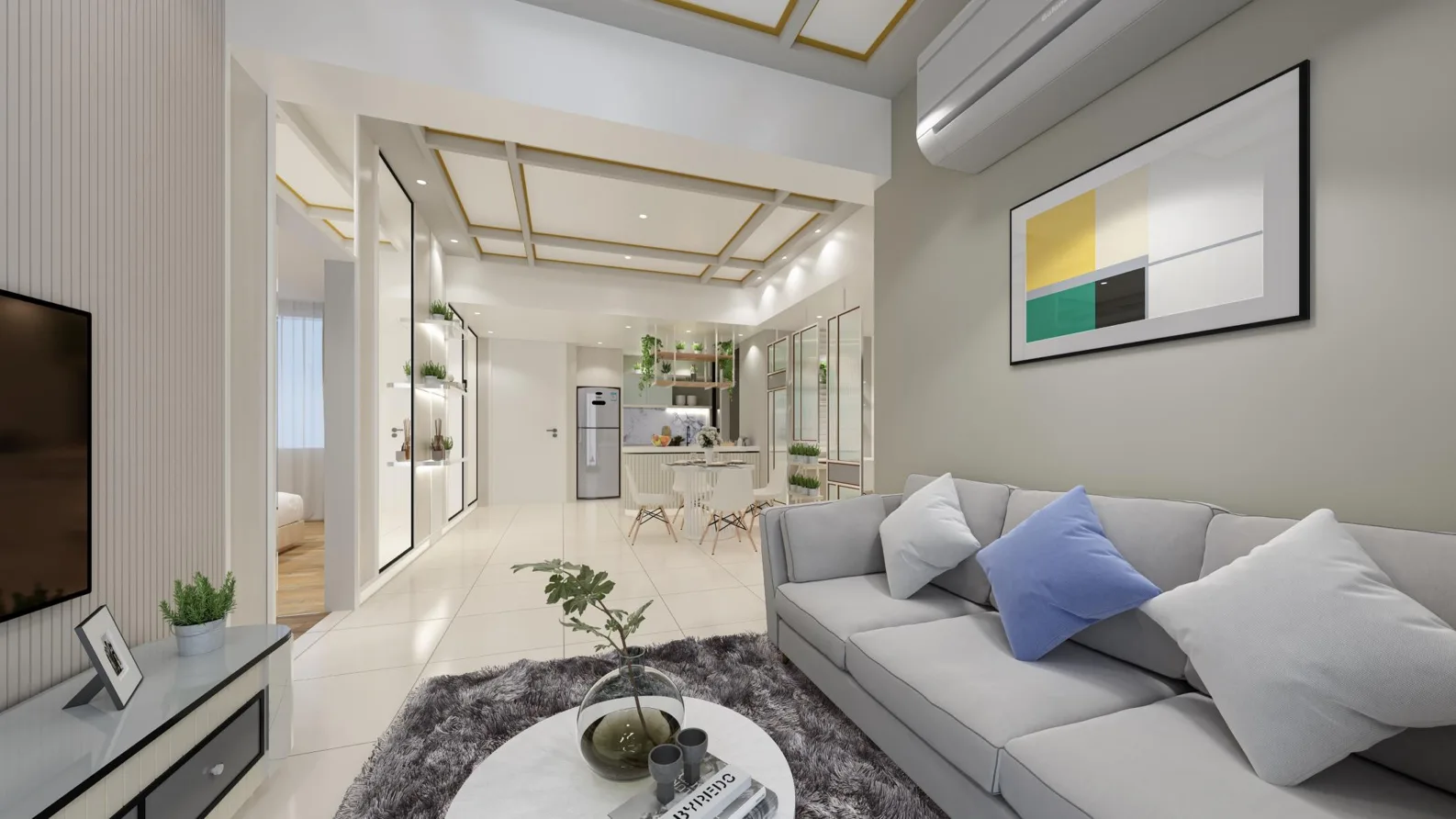 Aster Hill This image shows the interior of a living room with a sofa, TV, and view into the kitchen and dining area. in Kuala Lumpur, Freehold property development, render