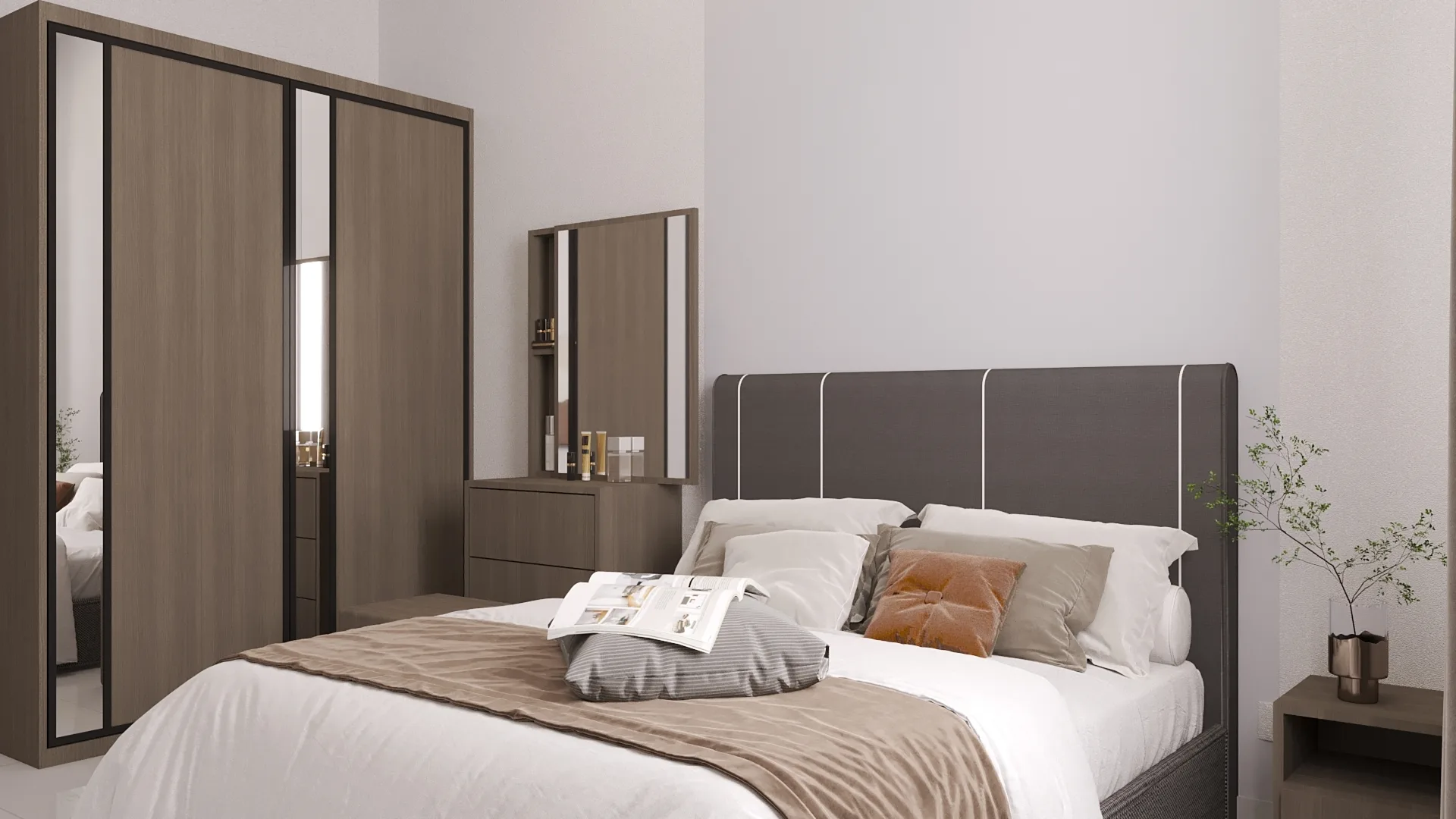 Aston Minka Bedroom interior with bed, wardrobe, and dressing table in Bukit Mertajam, Freehold property development, render