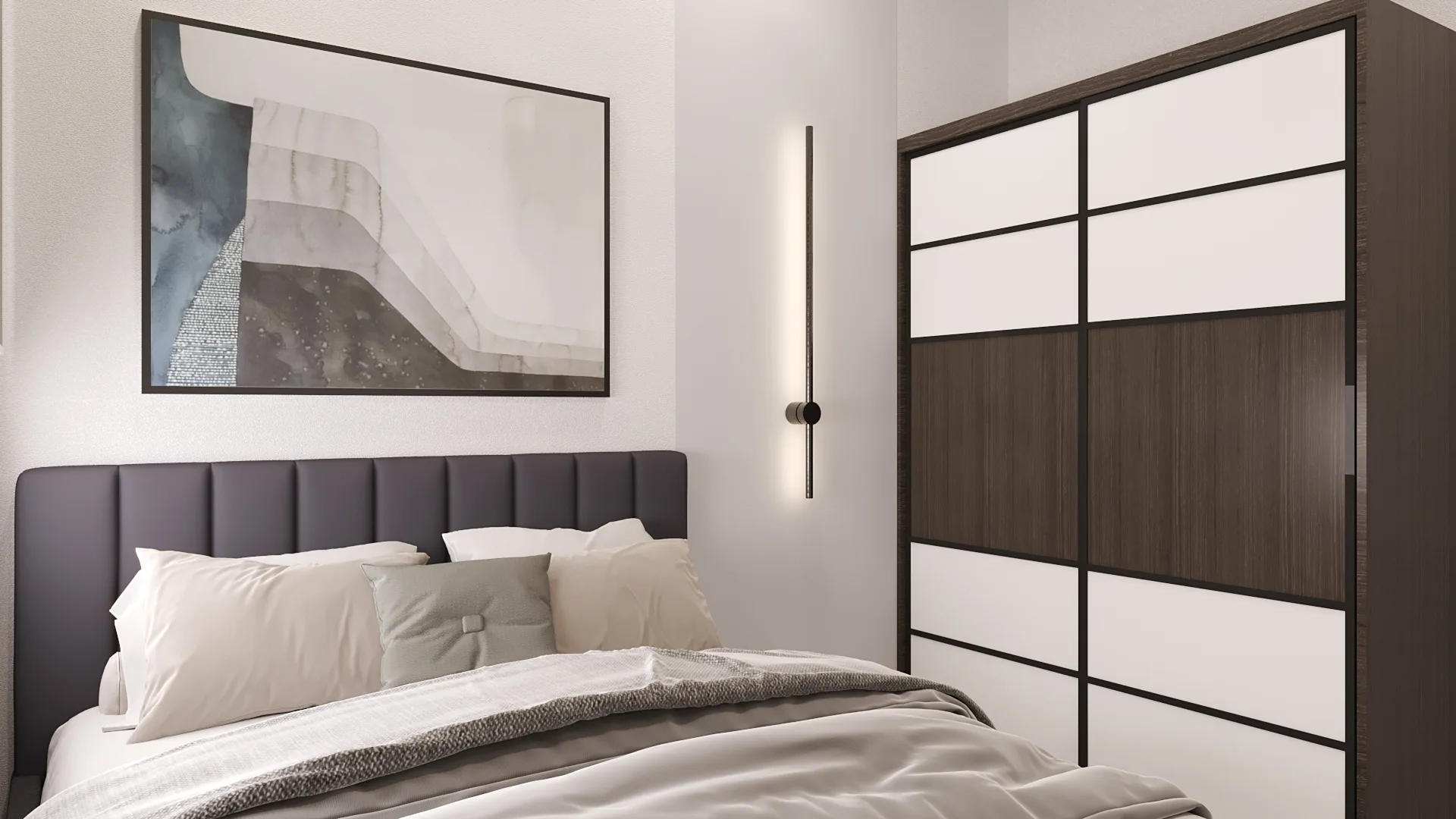 Aston Minka Bedroom interior with bed, artwork, and wardrobe. in Bukit Mertajam, Freehold property development, render