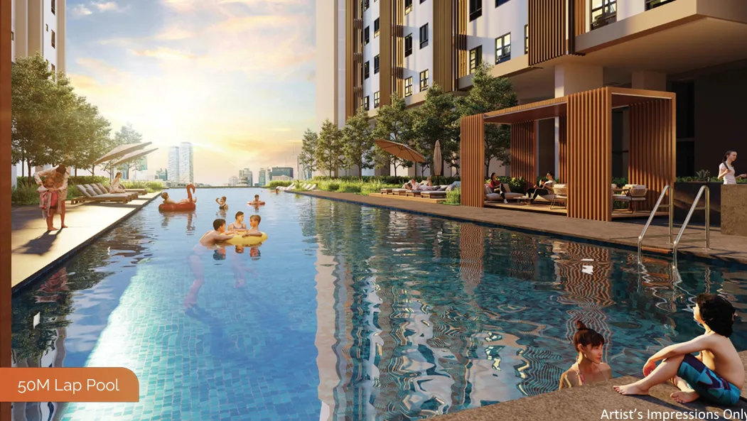 Astrum Shah Alam The image shows a 50M lap pool with people swimming and relaxing, alongside a building exterior and a cabana-style seating area. in Shah Alam, Leasehold property development, render