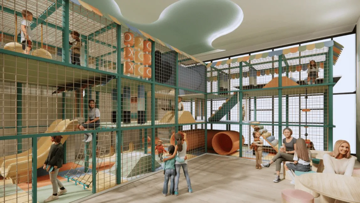 Avantro Residence The image shows a render of the children's playground facility at Avantro Residence, featuring a multi-level play structure with slides, tunnels, and climbing areas. There are also seating areas for parents. in Puchong, Freehold property development, render